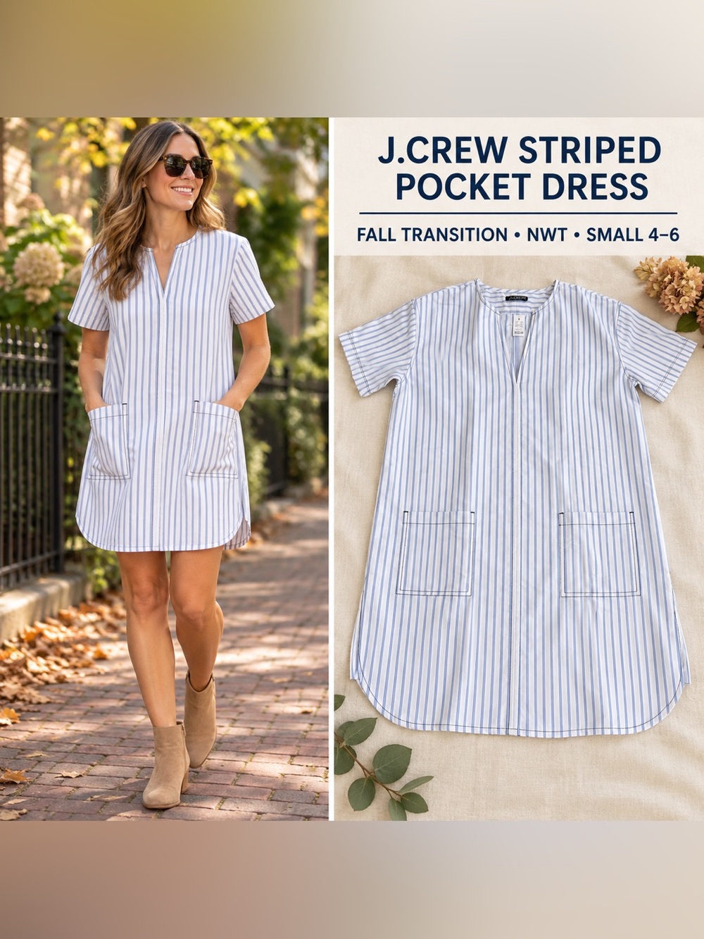 NWT J.Crew Striped Patch-Pocket Cotton Poplin Dress Small